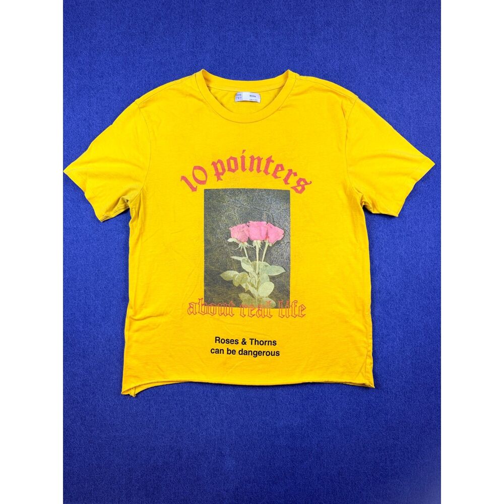 Bershka 10 Pointers Roses Graphic Tee Yellow Large Streetwear Raw Hem